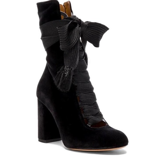 Chloe Shoes - Chloe Harper Velvet Lace Up Heeled Ankle Boot Black $950 Sz 37.5 US 7.5